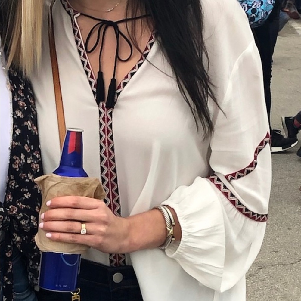 White Flowy Top with Mexican/Aztec Detailing